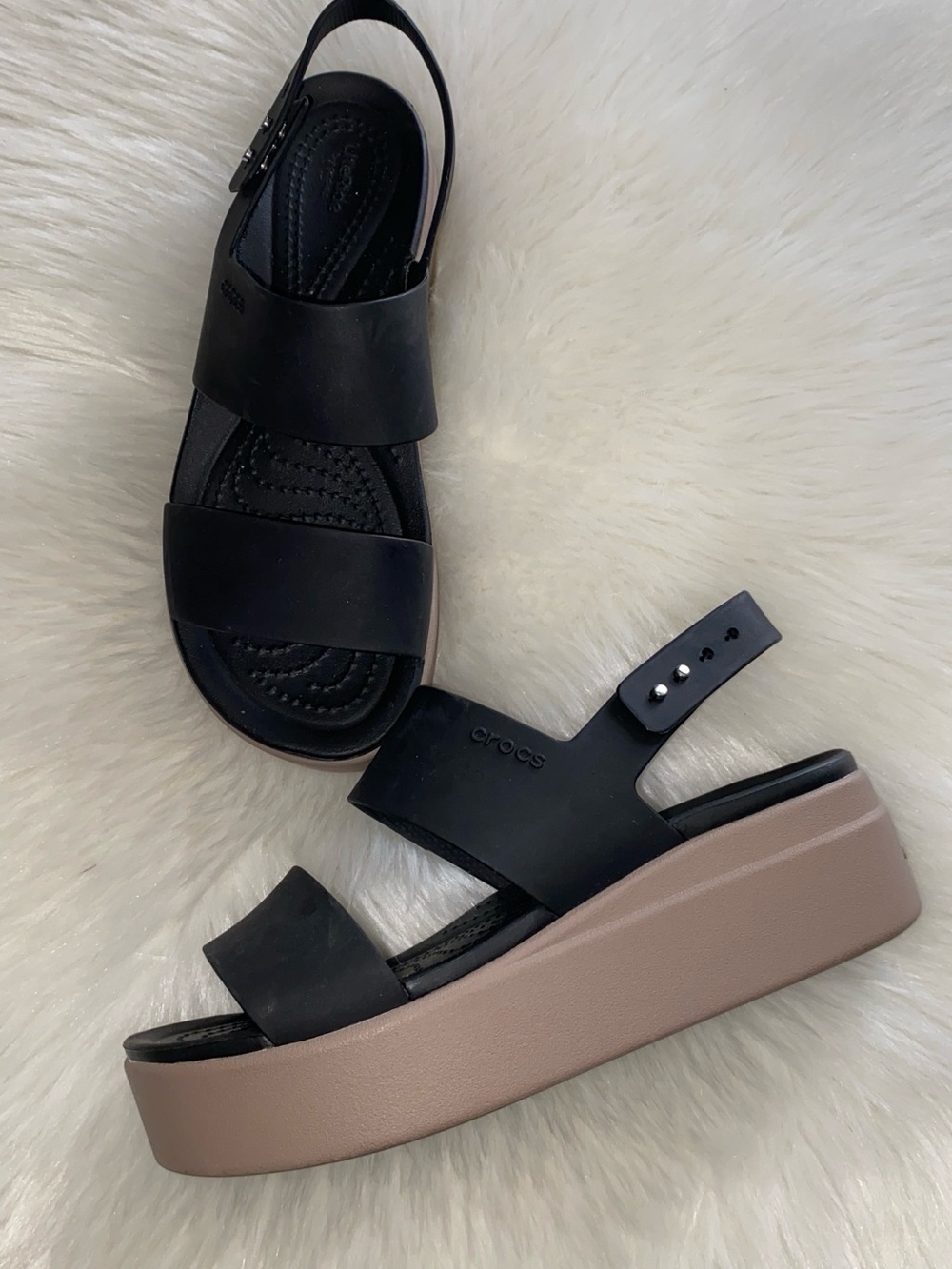 CROCS Black Upper with Taupe Platform Wedge Sandals size 6W